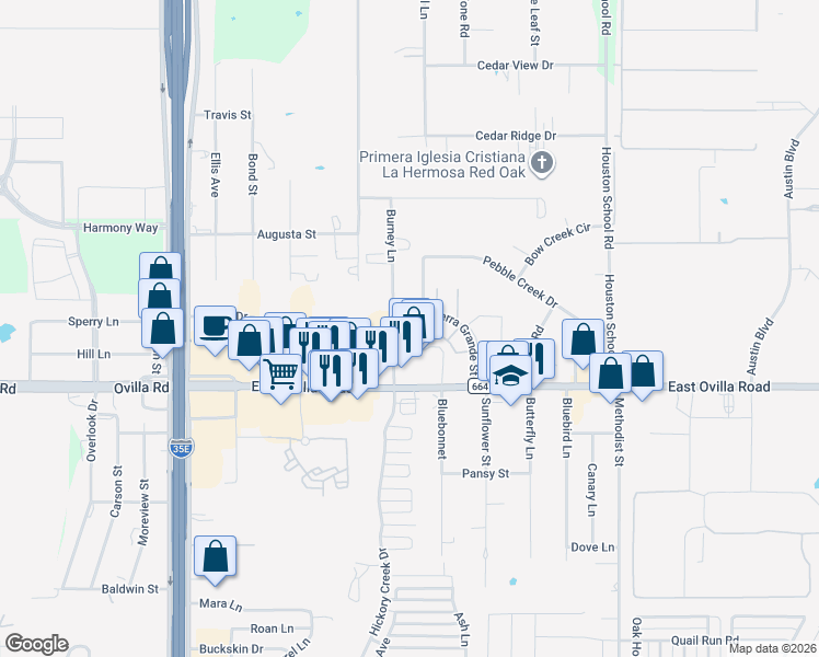 map of restaurants, bars, coffee shops, grocery stores, and more near 102 Sunglow Loop in Red Oak