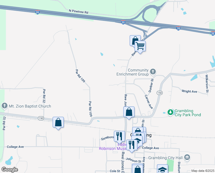 map of restaurants, bars, coffee shops, grocery stores, and more near 182-326 Par Road 109 in Grambling