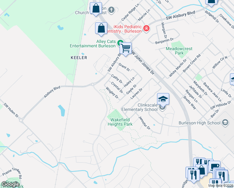 map of restaurants, bars, coffee shops, grocery stores, and more near 704 Wrigley Drive in Burleson