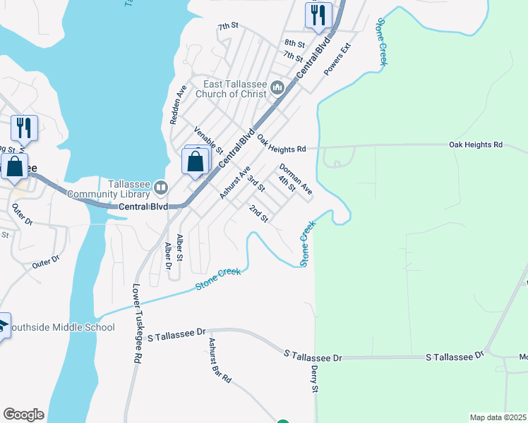 map of restaurants, bars, coffee shops, grocery stores, and more near 209 2nd St in Tallassee