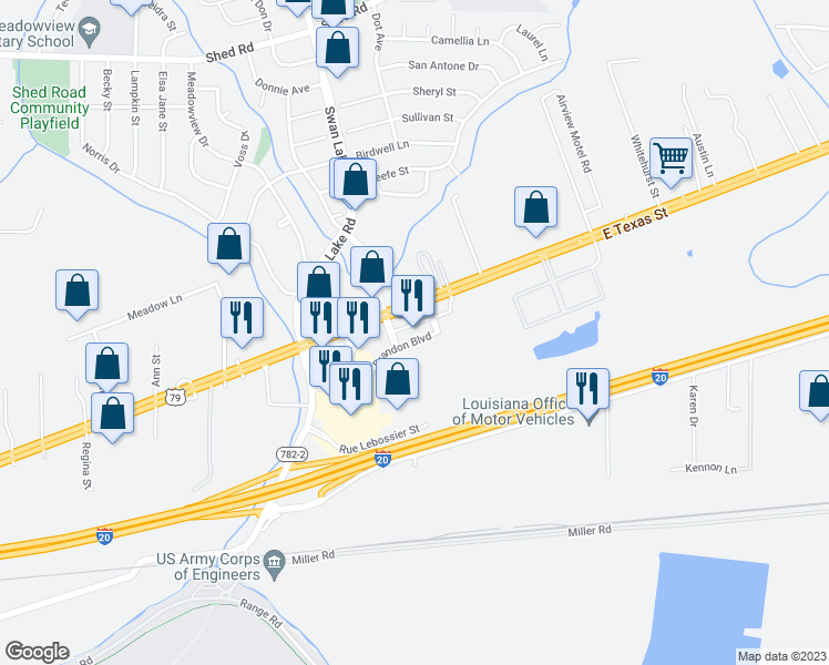 map of restaurants, bars, coffee shops, grocery stores, and more near 4726 East Texas Street in Bossier City