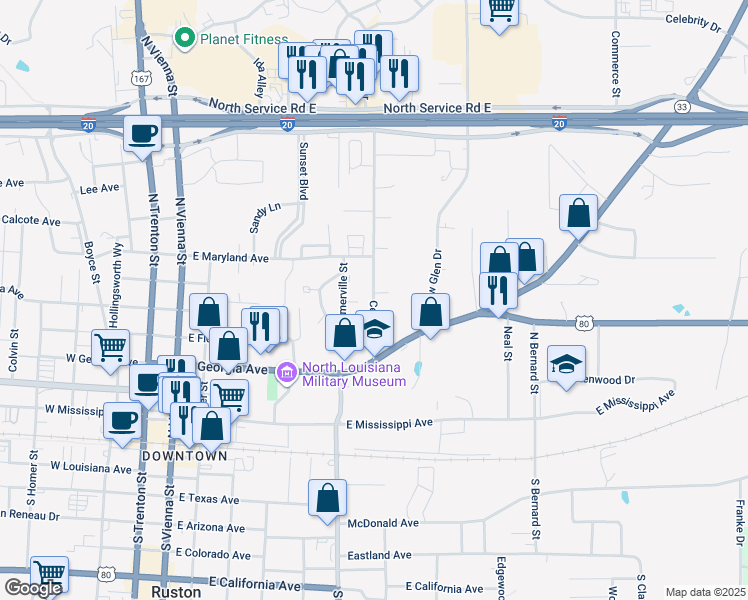 map of restaurants, bars, coffee shops, grocery stores, and more near 616 Center Street in Ruston
