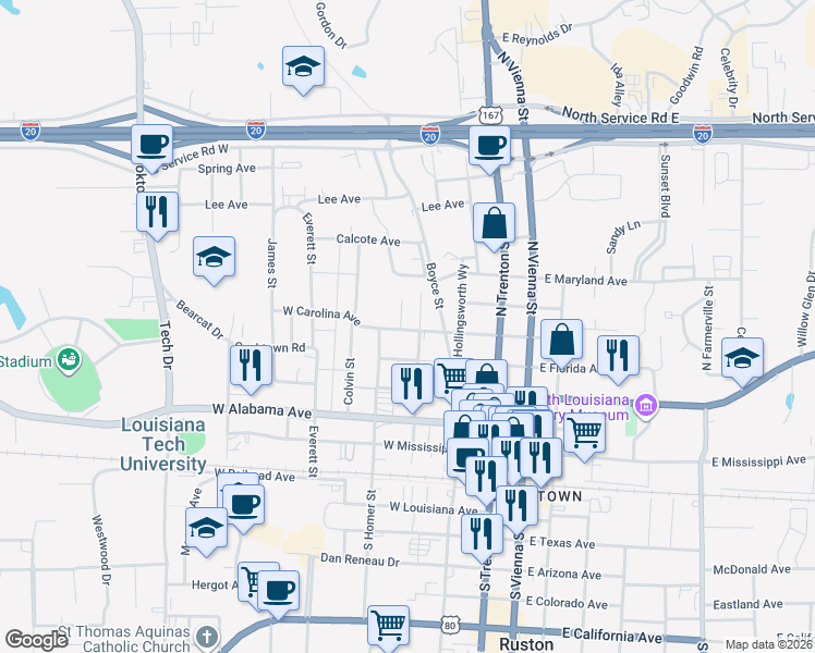 map of restaurants, bars, coffee shops, grocery stores, and more near 405 West Carolina Avenue in Ruston