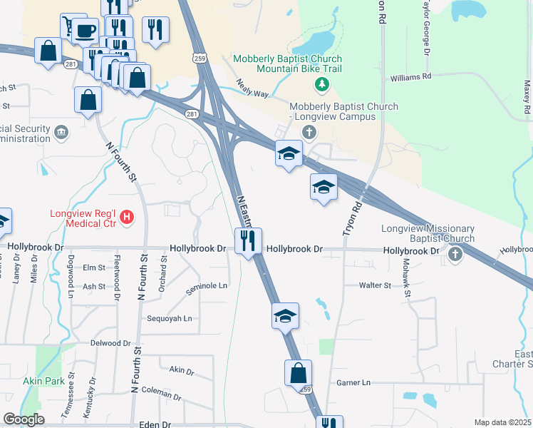 map of restaurants, bars, coffee shops, grocery stores, and more near 2910 North Eastman Road in Longview