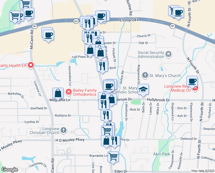 map of restaurants, bars, coffee shops, grocery stores, and more near 2100 Judson Road in Longview