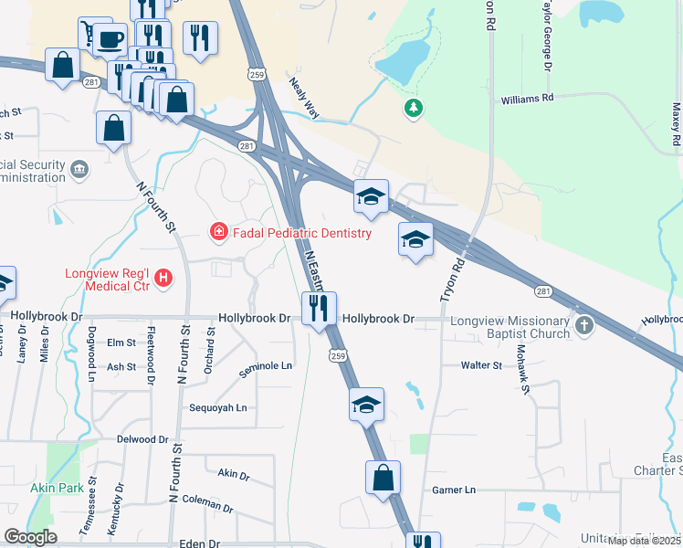 map of restaurants, bars, coffee shops, grocery stores, and more near 2910 North Eastman Road in Longview