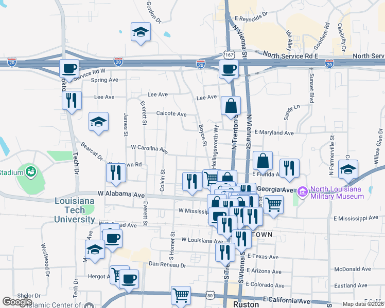 map of restaurants, bars, coffee shops, grocery stores, and more near 601 Minden Street in Ruston