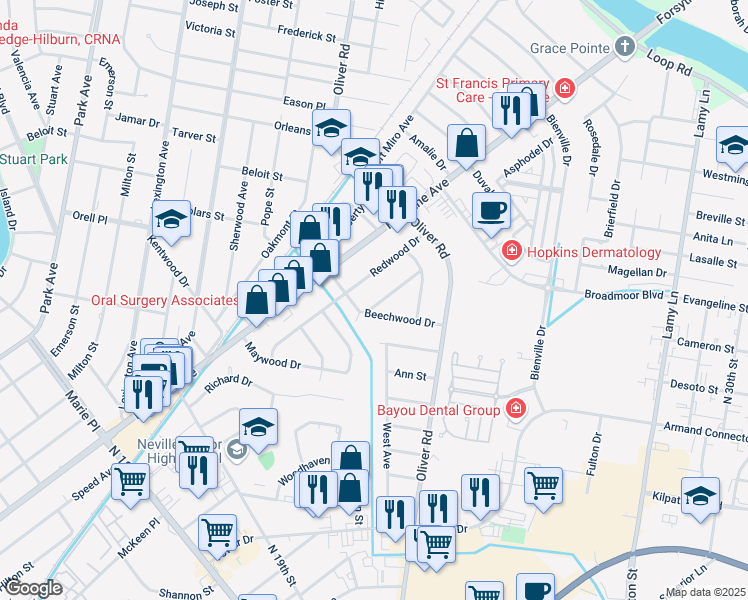map of restaurants, bars, coffee shops, grocery stores, and more near 2203 Dogwood Drive in Monroe