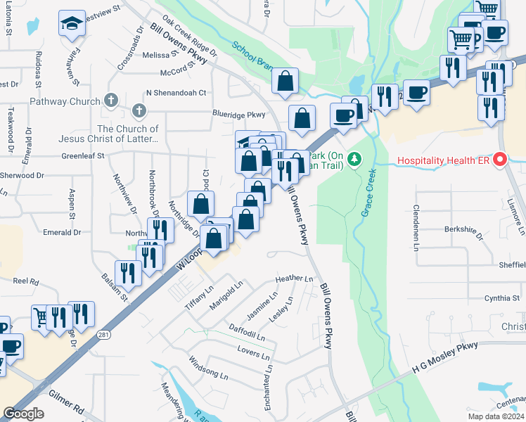 map of restaurants, bars, coffee shops, grocery stores, and more near 1016 West Loop 281 in Longview
