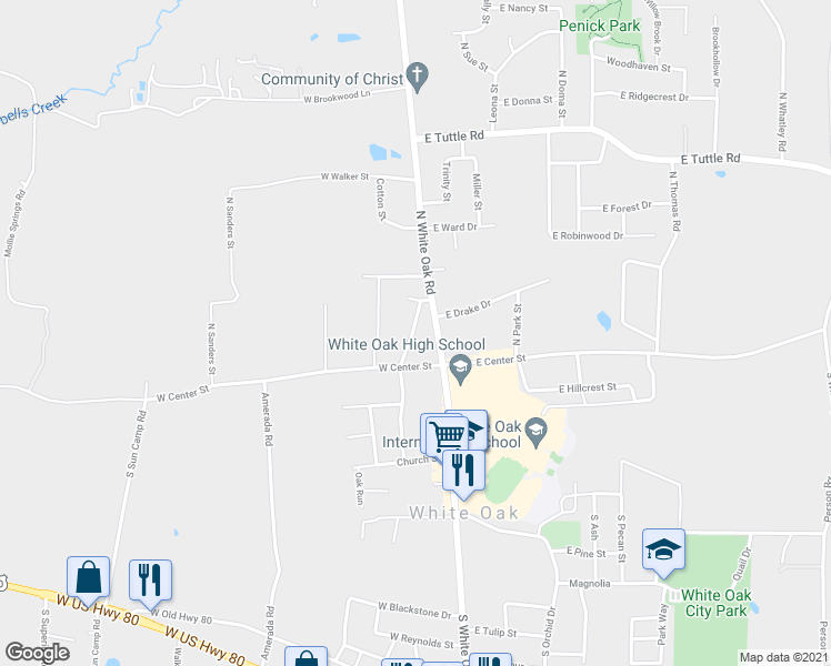 map of restaurants, bars, coffee shops, grocery stores, and more near 104 North Stewart Street in White Oak