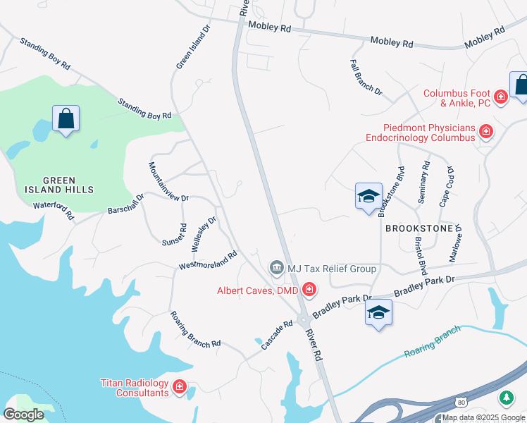map of restaurants, bars, coffee shops, grocery stores, and more near 6201 River Road in Columbus
