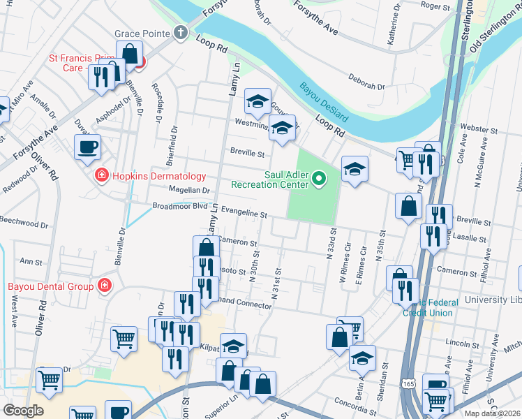 map of restaurants, bars, coffee shops, grocery stores, and more near 2908 Evangeline Street in Monroe