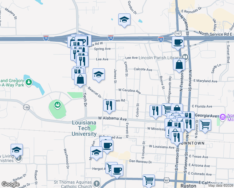 map of restaurants, bars, coffee shops, grocery stores, and more near 508 James Street in Ruston