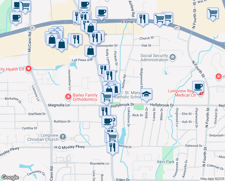 map of restaurants, bars, coffee shops, grocery stores, and more near 2100 Judson Road in Longview
