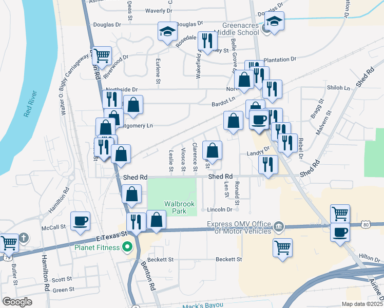 map of restaurants, bars, coffee shops, grocery stores, and more near 1519 Clarence Street in Bossier City