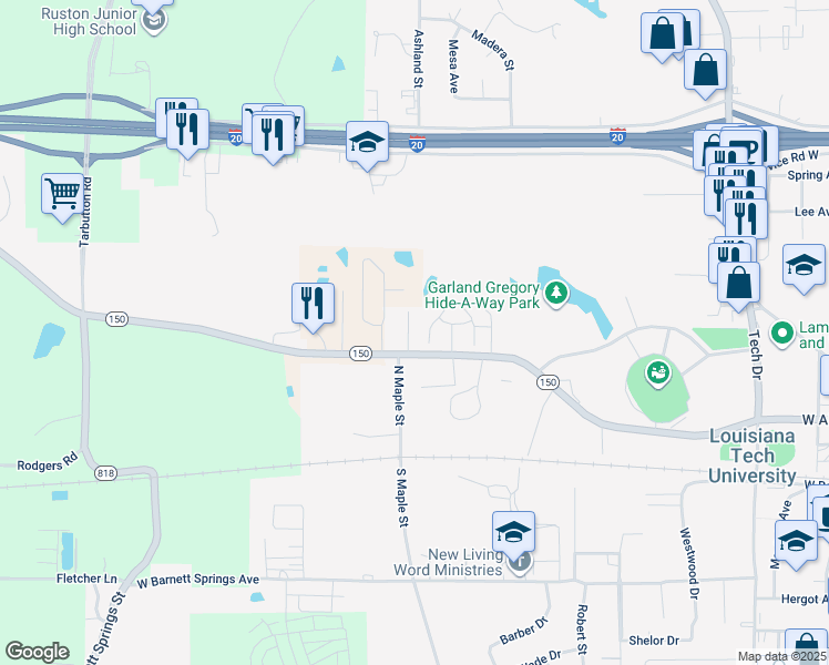 map of restaurants, bars, coffee shops, grocery stores, and more near 404 Kennon Lane in Ruston