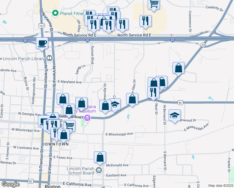 map of restaurants, bars, coffee shops, grocery stores, and more near 622 Center Street in Ruston