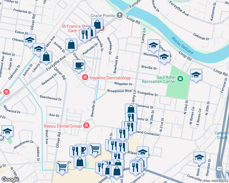 map of restaurants, bars, coffee shops, grocery stores, and more near 2711 Broadmoor Boulevard in Monroe