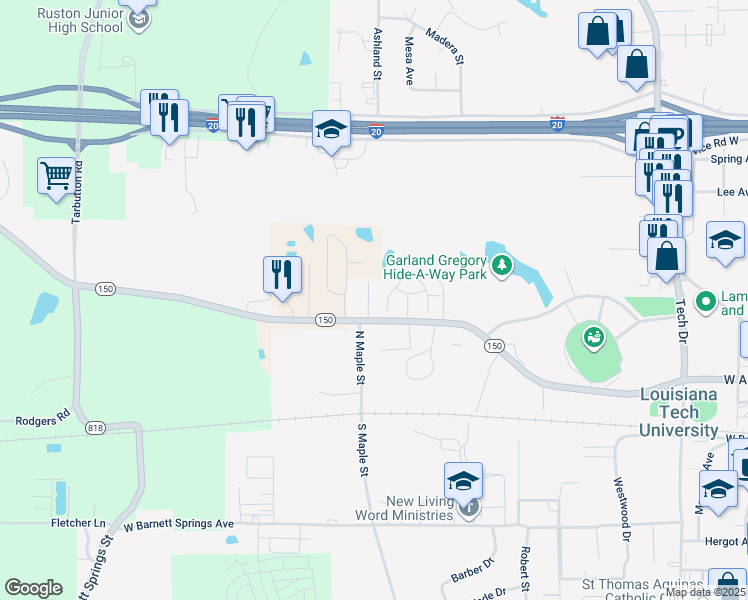 map of restaurants, bars, coffee shops, grocery stores, and more near 3 Kennon Lane in Ruston