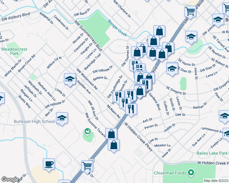 map of restaurants, bars, coffee shops, grocery stores, and more near 809 Southwest Southridge Drive in Burleson