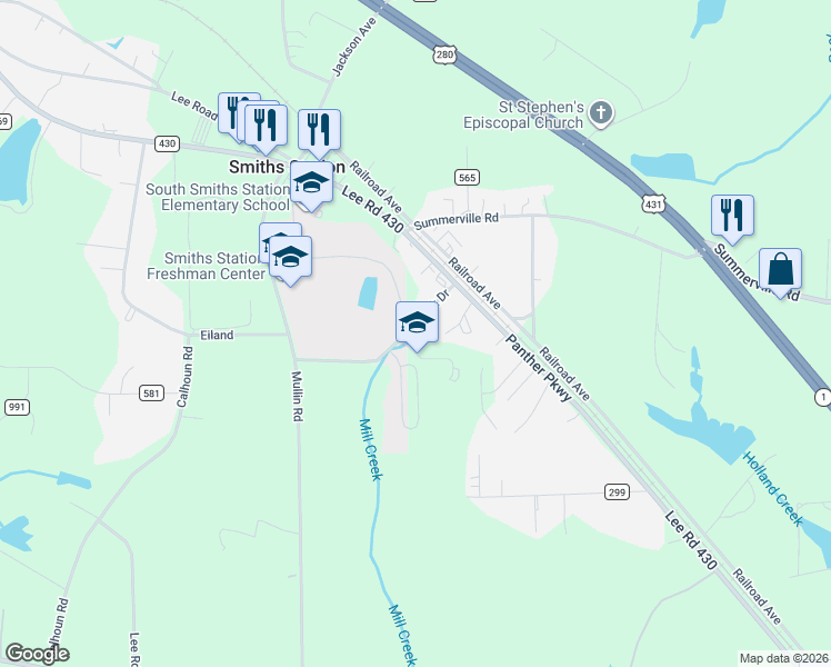 map of restaurants, bars, coffee shops, grocery stores, and more near 58-68 Lee Road 728 in Smiths Station
