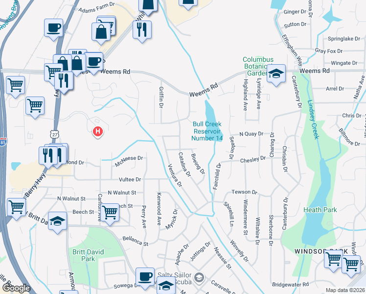map of restaurants, bars, coffee shops, grocery stores, and more near 5924 Catalina Drive in Columbus