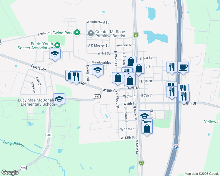 map of restaurants, bars, coffee shops, grocery stores, and more near 410 West 6th Street in Ferris