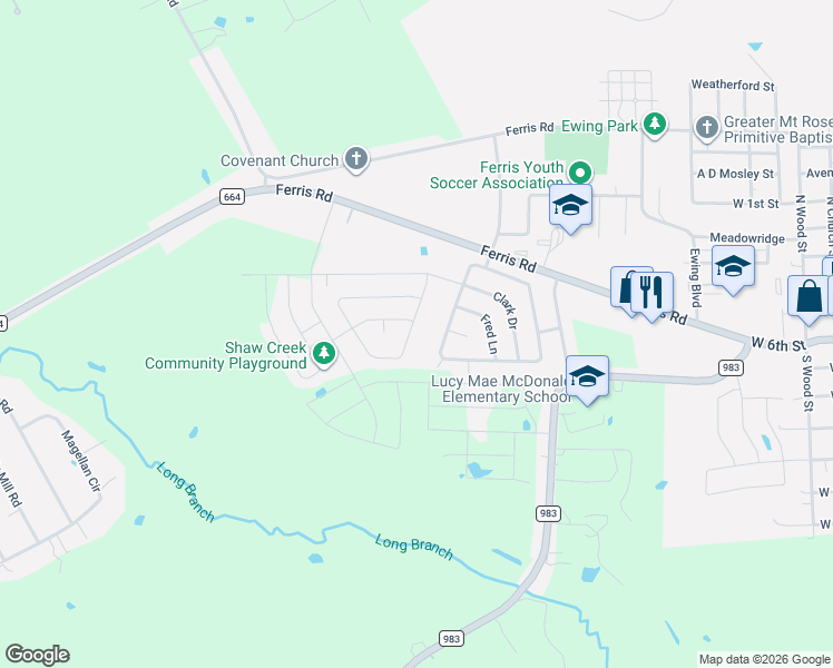 map of restaurants, bars, coffee shops, grocery stores, and more near 316 Jennie Marie Circle in Ferris