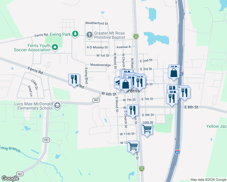 map of restaurants, bars, coffee shops, grocery stores, and more near 410 West 6th Street in Ferris