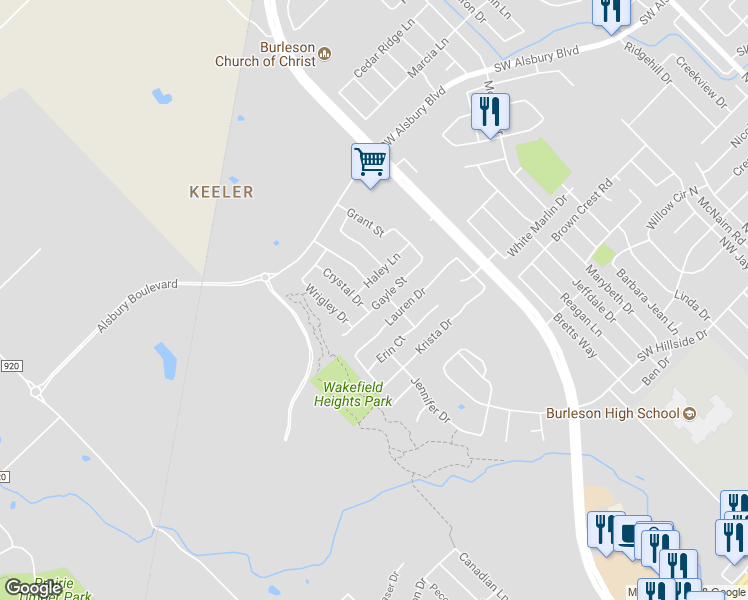 map of restaurants, bars, coffee shops, grocery stores, and more near 1344 Gayle Street in Burleson