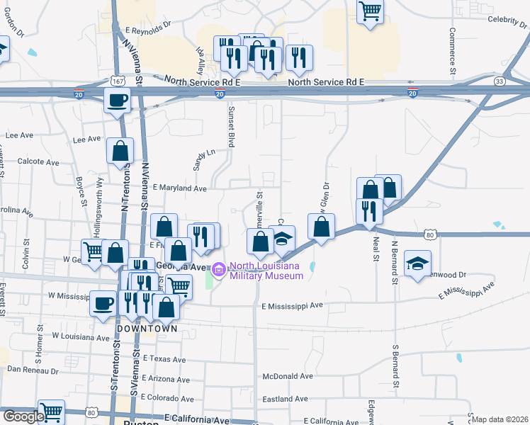 map of restaurants, bars, coffee shops, grocery stores, and more near 620 North Farmerville Street in Ruston