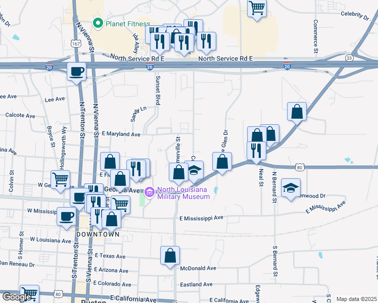 map of restaurants, bars, coffee shops, grocery stores, and more near 612 Center Street in Ruston