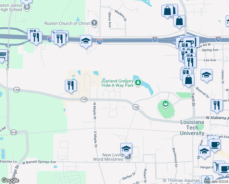 map of restaurants, bars, coffee shops, grocery stores, and more near 401-413 Goyne Street in Ruston