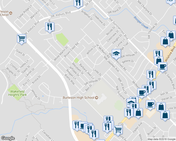 map of restaurants, bars, coffee shops, grocery stores, and more near 508 Barbara Jean Lane in Burleson