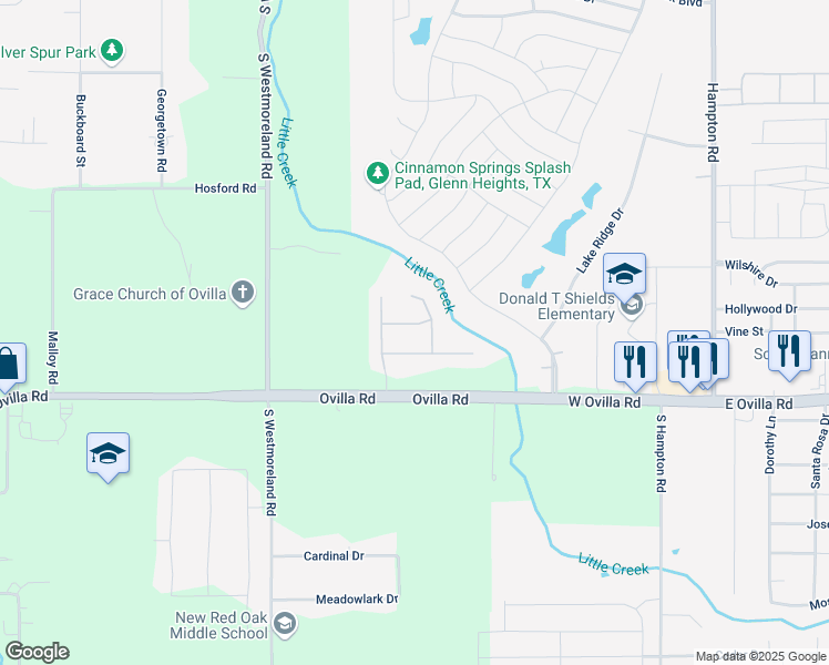 map of restaurants, bars, coffee shops, grocery stores, and more near 207 White Rock Court in Red Oak