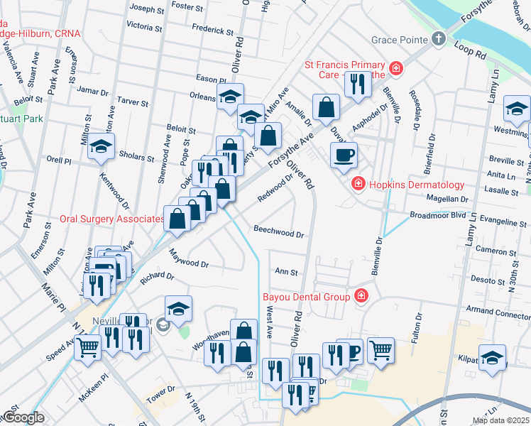 map of restaurants, bars, coffee shops, grocery stores, and more near 2203 Dogwood Drive in Monroe