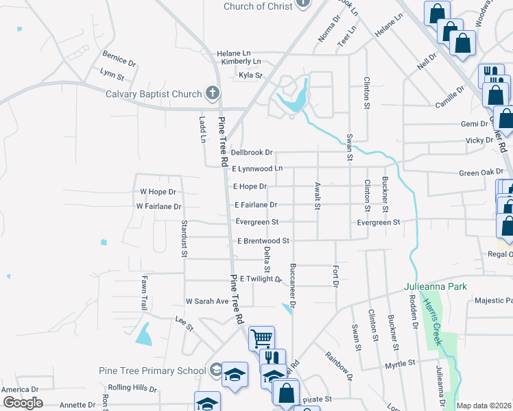 map of restaurants, bars, coffee shops, grocery stores, and more near 110 Fairlane Drive in Longview