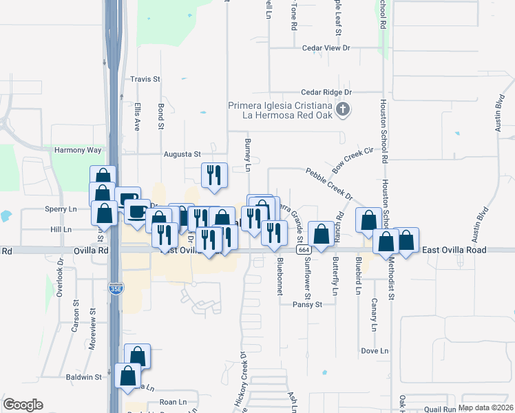 map of restaurants, bars, coffee shops, grocery stores, and more near 102 Sunglow Loop in Red Oak