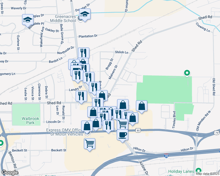 map of restaurants, bars, coffee shops, grocery stores, and more near 3011 Shed Road in Bossier City