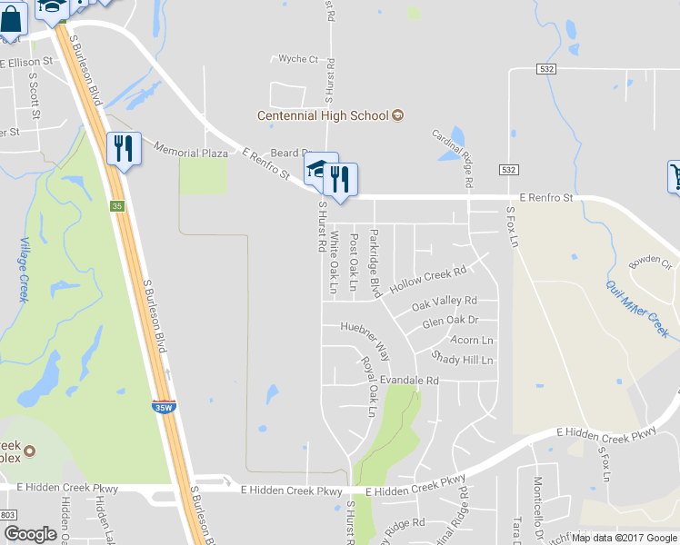 map of restaurants, bars, coffee shops, grocery stores, and more near 505 White Oak Lane in Burleson