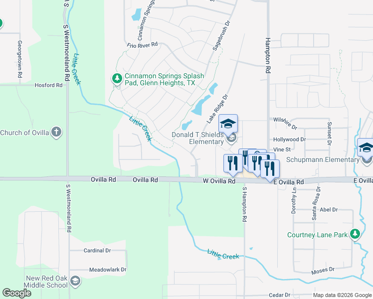map of restaurants, bars, coffee shops, grocery stores, and more near 2805 Cinnamon Spring Street in Glenn Heights