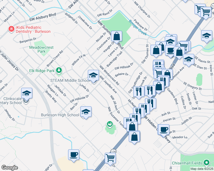 map of restaurants, bars, coffee shops, grocery stores, and more near 306 Northwest Jill Ann Drive in Burleson