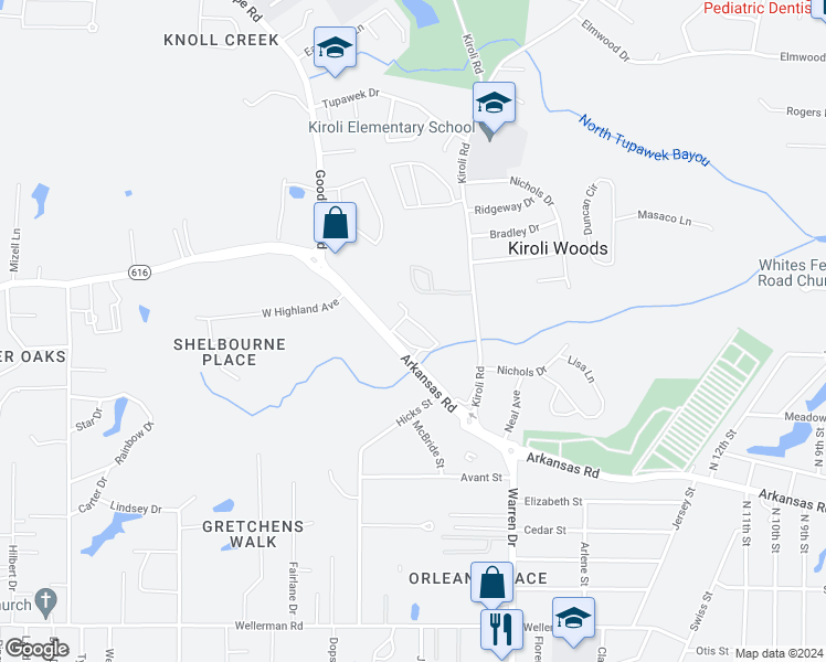 map of restaurants, bars, coffee shops, grocery stores, and more near 1616 Arkansas Road in West Monroe