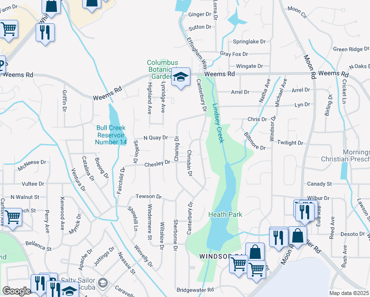 map of restaurants, bars, coffee shops, grocery stores, and more near 6125 Chrisbin Drive in Columbus