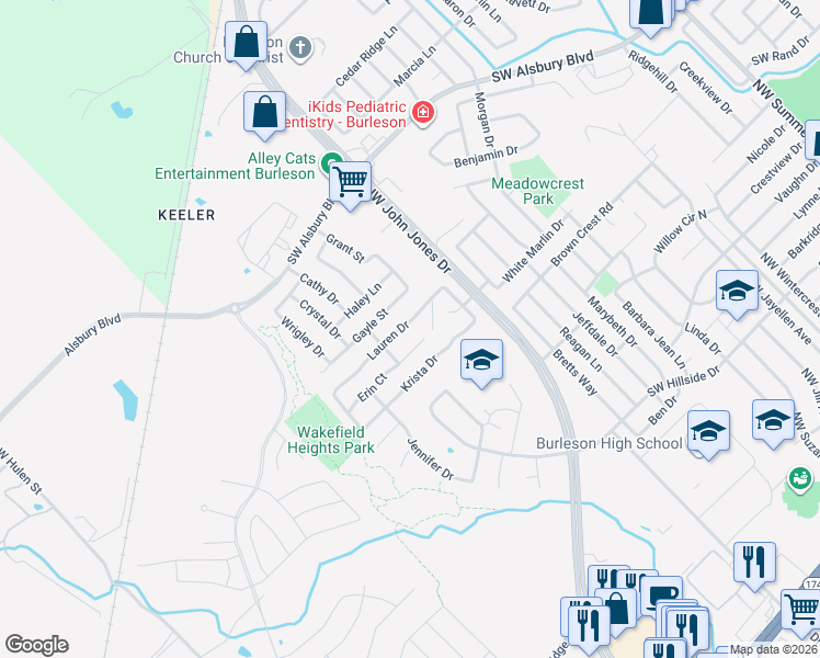 map of restaurants, bars, coffee shops, grocery stores, and more near 1320 Erin Court in Burleson