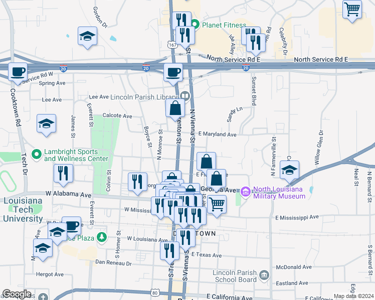 map of restaurants, bars, coffee shops, grocery stores, and more near 609 North Vienna Street in Ruston