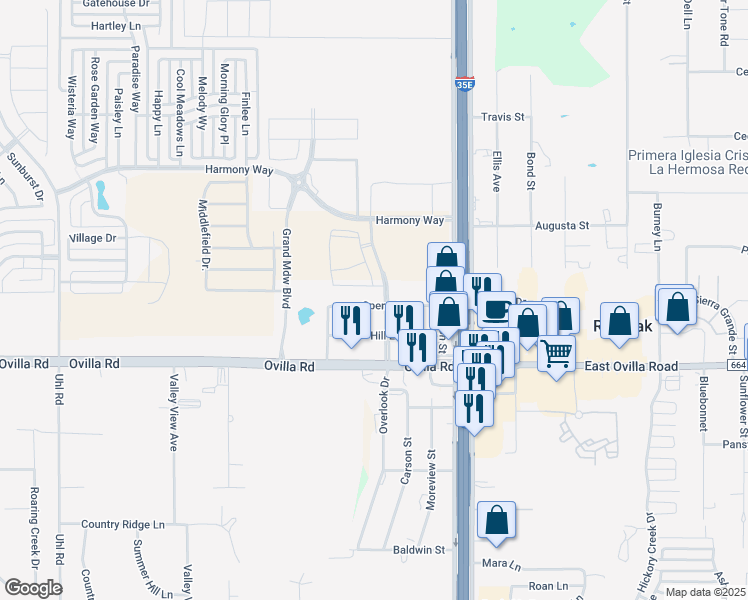 map of restaurants, bars, coffee shops, grocery stores, and more near 206 Sperry Lane in Red Oak