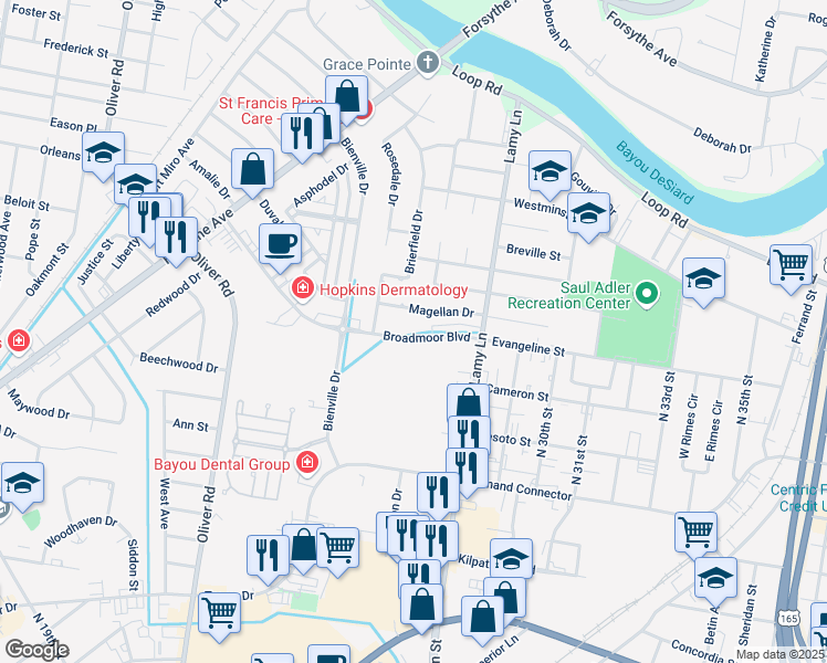 map of restaurants, bars, coffee shops, grocery stores, and more near 2711 Broadmoor Boulevard in Monroe