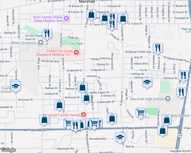 map of restaurants, bars, coffee shops, grocery stores, and more near 111 Washington Place North in Marshall