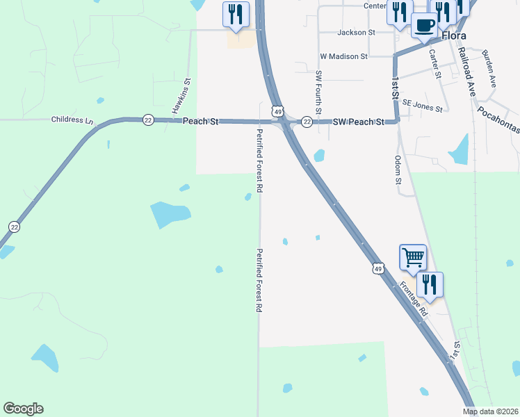 map of restaurants, bars, coffee shops, grocery stores, and more near 674 Petrified Forest Road in Flora